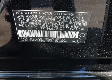 2011 Lexus Es 350 from USA, damaged, VIN JTHBK1EG2B2446655